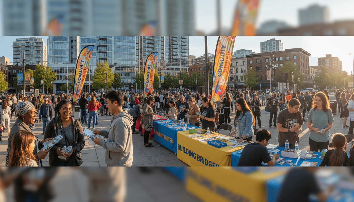 Large diverse crowd gathered in sunny urban plaza for outdoor community outreach and spiritual engagement event