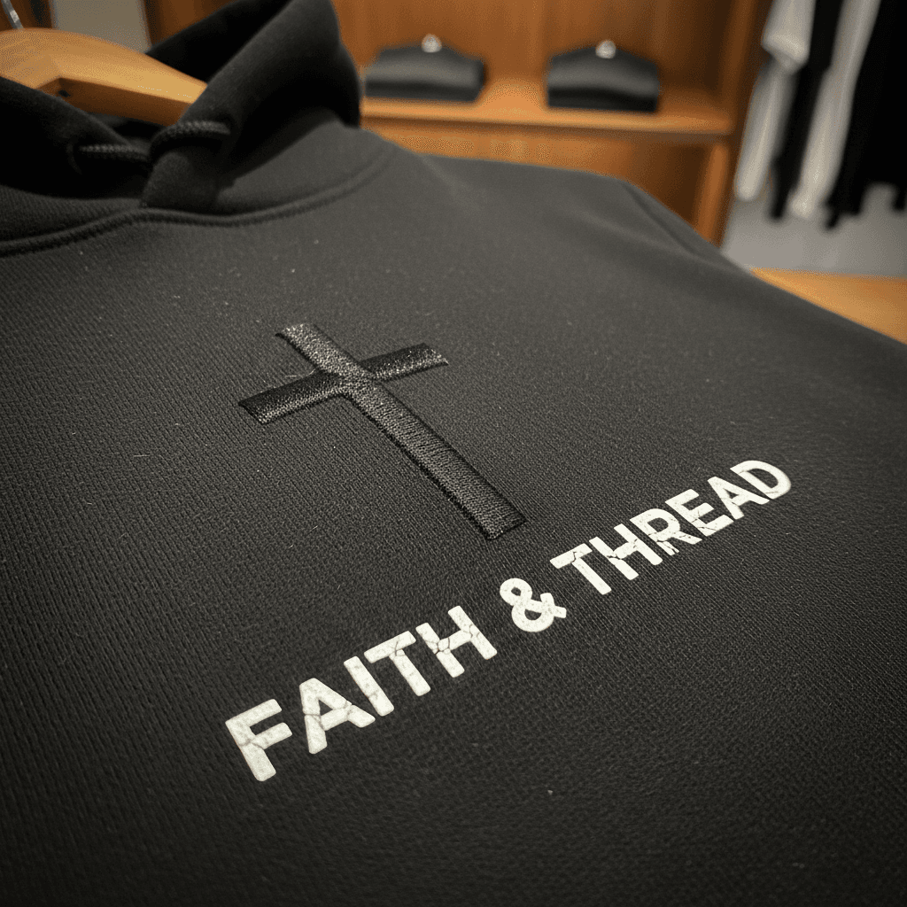 Close-up of embroidered cross and typography on black hoodie showing print quality and texture
