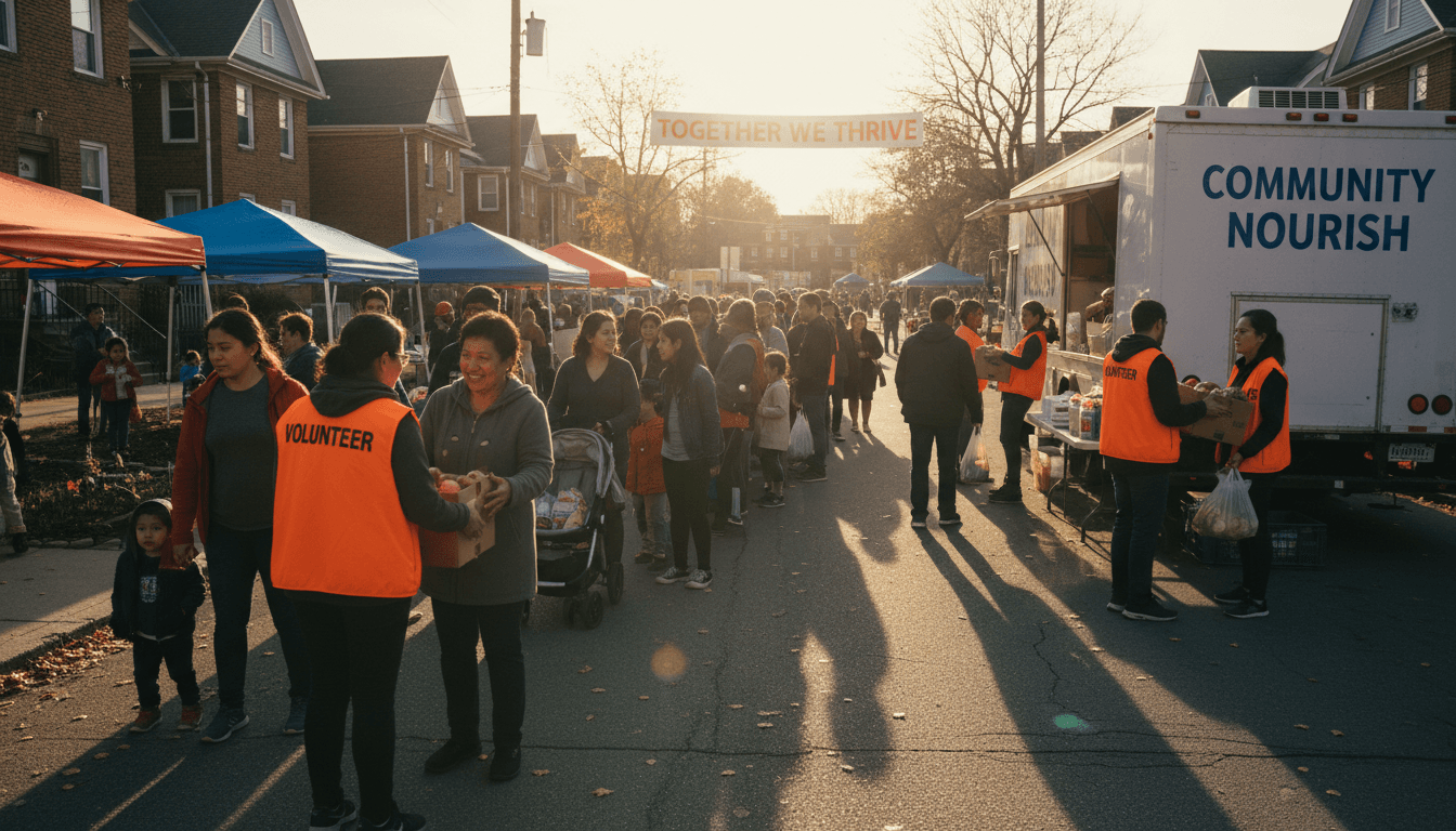 Community members gathering at mobile food distribution event in neighborhood during golden hour with active volunteers