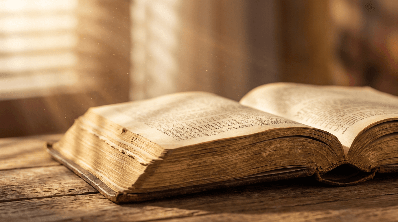 Open leather Bible with golden pages on wooden surface, warm sunlight streaming across with floating dust motes.